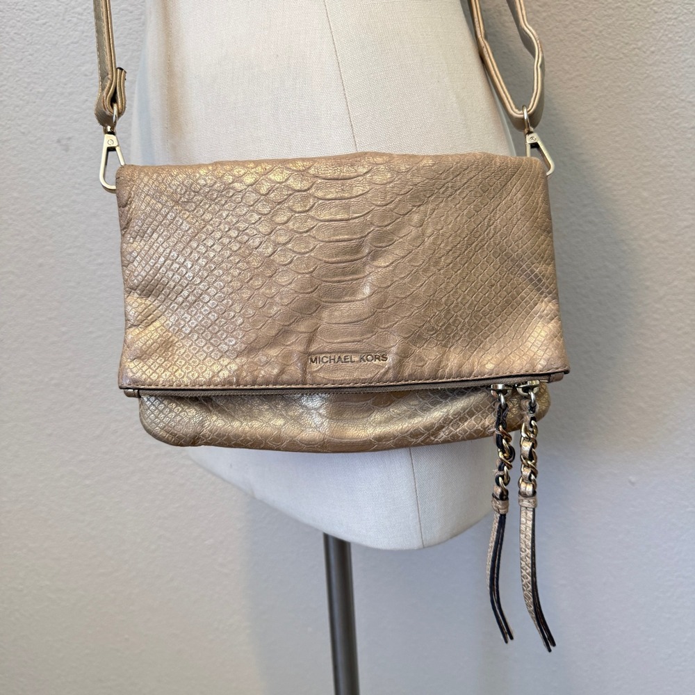 Michael Kors Gold Metallic Snakeskin Embossed Leather Bedford Foldover Crossbody